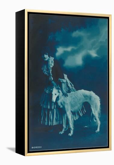 Woman in Gypsy Outfit with Borzoi-null-Framed Stretched Canvas