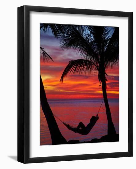 Woman in Hammock, and Palm Trees at Sunset, Coral Coast, Viti Levu, Fiji, South Pacific-David Wall-Framed Photographic Print