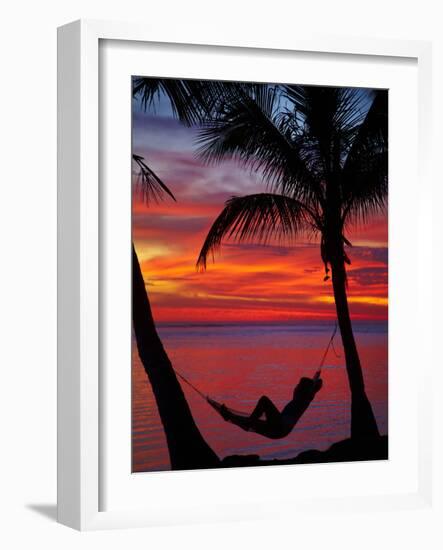 Woman in Hammock, and Palm Trees at Sunset, Coral Coast, Viti Levu, Fiji, South Pacific-David Wall-Framed Photographic Print