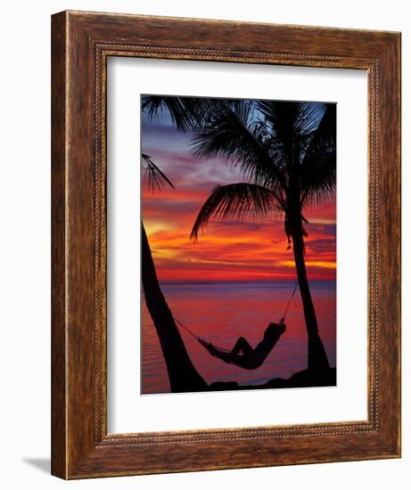 Woman in Hammock, and Palm Trees at Sunset, Coral Coast, Viti Levu, Fiji, South Pacific-David Wall-Framed Photographic Print