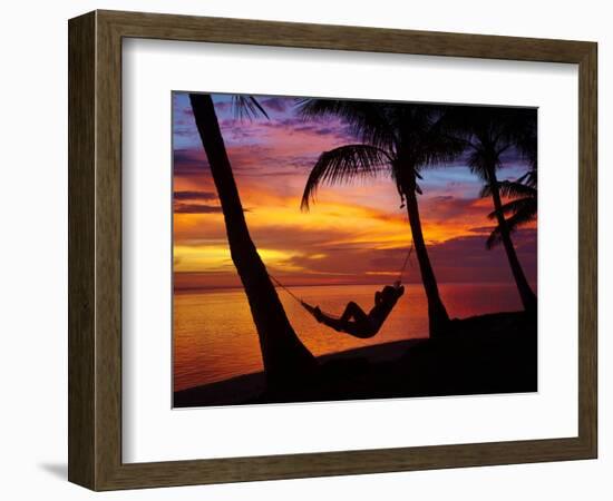 Woman in Hammock, and Palm Trees at Sunset, Coral Coast, Viti Levu, Fiji, South Pacific-David Wall-Framed Photographic Print