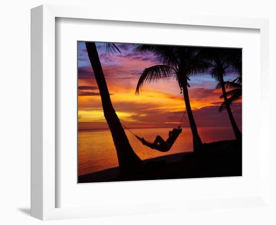 Woman in Hammock, and Palm Trees at Sunset, Coral Coast, Viti Levu, Fiji, South Pacific-David Wall-Framed Photographic Print