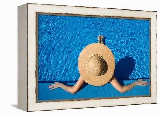 Woman in Hat Relaxing at the Pool-haveseen-Framed Stretched Canvas