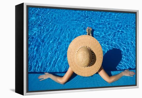 Woman in Hat Relaxing at the Pool-haveseen-Framed Stretched Canvas