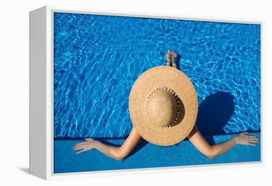 Woman in Hat Relaxing at the Pool-haveseen-Framed Stretched Canvas