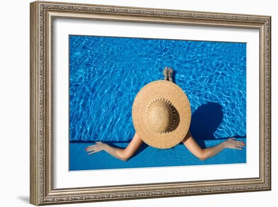 Woman in Hat Relaxing at the Pool-haveseen-Framed Art Print