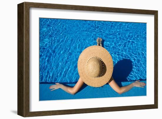 Woman in Hat Relaxing at the Pool-haveseen-Framed Art Print