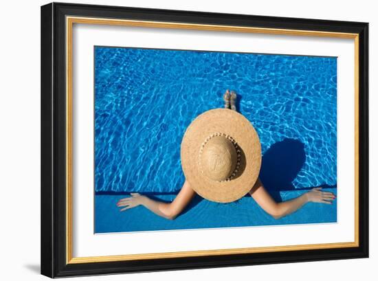 Woman in Hat Relaxing at the Pool-haveseen-Framed Art Print