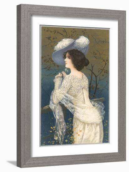 Woman in Lacy White Dress and Feathered Hat-Found Image Press-Framed Giclee Print