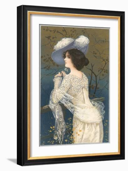 Woman in Lacy White Dress and Feathered Hat-Found Image Press-Framed Giclee Print