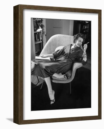 Woman in Man's Tie Silk Dressing Gown from Brooks Brothers-Nina Leen-Framed Photographic Print