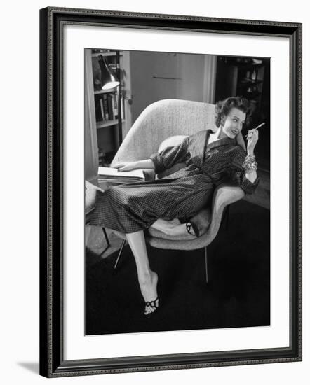 Woman in Man's Tie Silk Dressing Gown from Brooks Brothers-Nina Leen-Framed Photographic Print