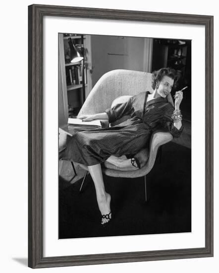 Woman in Man's Tie Silk Dressing Gown from Brooks Brothers-Nina Leen-Framed Photographic Print