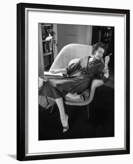 Woman in Man's Tie Silk Dressing Gown from Brooks Brothers-Nina Leen-Framed Photographic Print