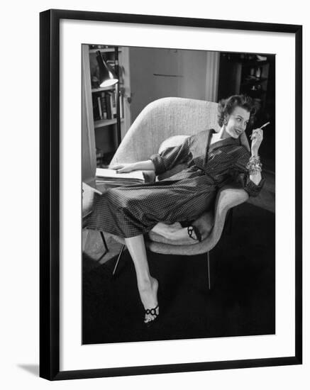 Woman in Man's Tie Silk Dressing Gown from Brooks Brothers-Nina Leen-Framed Photographic Print