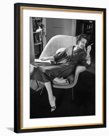 Woman in Man's Tie Silk Dressing Gown from Brooks Brothers-Nina Leen-Framed Photographic Print
