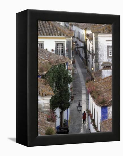 Woman in Narrow Alley with Whitewashed Houses, Obidos, Portugal-Merrill Images-Framed Premier Image Canvas