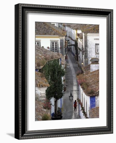 Woman in Narrow Alley with Whitewashed Houses, Obidos, Portugal-Merrill Images-Framed Photographic Print