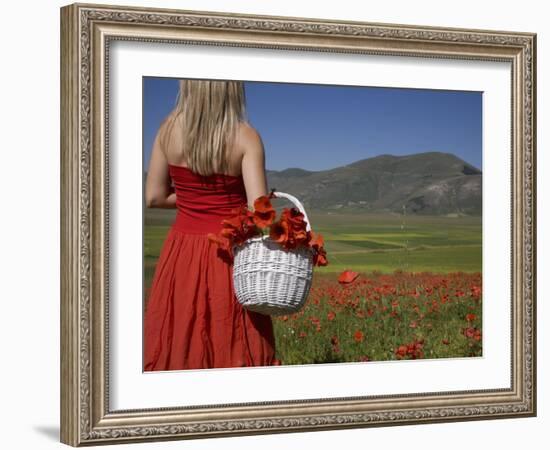 Woman in Poppy Field, Castelluccio Di Norcia, Norcia, Umbria, Italy, Europe-Angelo Cavalli-Framed Photographic Print