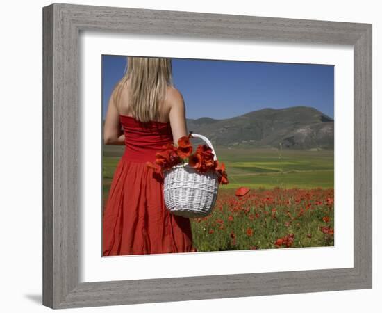 Woman in Poppy Field, Castelluccio Di Norcia, Norcia, Umbria, Italy, Europe-Angelo Cavalli-Framed Photographic Print