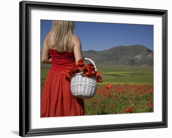 Woman in Poppy Field, Castelluccio Di Norcia, Norcia, Umbria, Italy, Europe-Angelo Cavalli-Framed Photographic Print