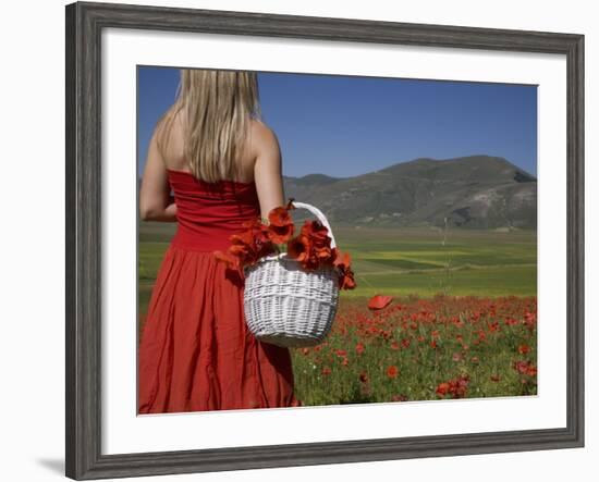 Woman in Poppy Field, Castelluccio Di Norcia, Norcia, Umbria, Italy, Europe-Angelo Cavalli-Framed Photographic Print