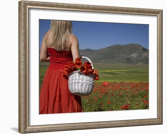 Woman in Poppy Field, Castelluccio Di Norcia, Norcia, Umbria, Italy, Europe-Angelo Cavalli-Framed Photographic Print