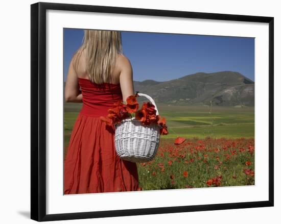 Woman in Poppy Field, Castelluccio Di Norcia, Norcia, Umbria, Italy, Europe-Angelo Cavalli-Framed Photographic Print