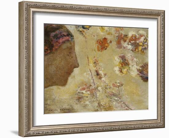 Woman in Profile with Butterfly and Flowers-Odilon Redon-Framed Giclee Print