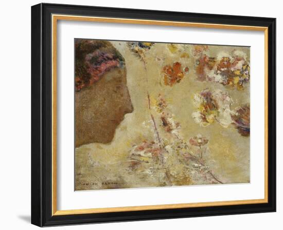 Woman in Profile with Butterfly and Flowers-Odilon Redon-Framed Giclee Print