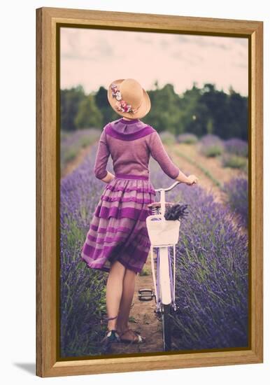 Woman in Purple Dress and Hat with Retro Bicycle in Lavender Field-NejroN Photo-Framed Stretched Canvas