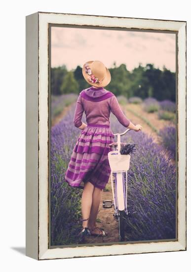 Woman in Purple Dress and Hat with Retro Bicycle in Lavender Field-NejroN Photo-Framed Stretched Canvas