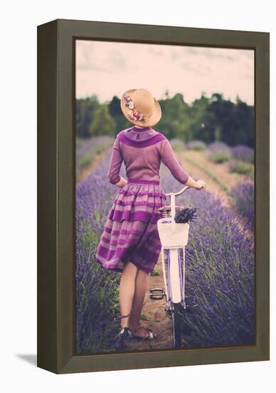 Woman in Purple Dress and Hat with Retro Bicycle in Lavender Field-NejroN Photo-Framed Stretched Canvas