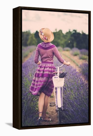 Woman in Purple Dress and Hat with Retro Bicycle in Lavender Field-NejroN Photo-Framed Stretched Canvas