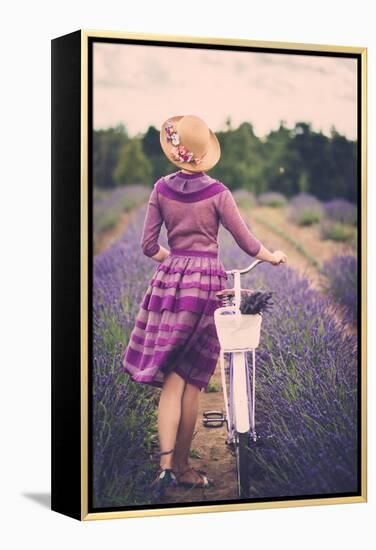 Woman in Purple Dress and Hat with Retro Bicycle in Lavender Field-NejroN Photo-Framed Stretched Canvas