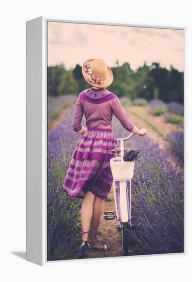 Woman in Purple Dress and Hat with Retro Bicycle in Lavender Field-NejroN Photo-Framed Stretched Canvas