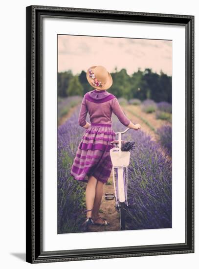 Woman in Purple Dress and Hat with Retro Bicycle in Lavender Field-NejroN Photo-Framed Premium Giclee Print