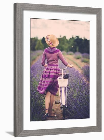 Woman in Purple Dress and Hat with Retro Bicycle in Lavender Field-NejroN Photo-Framed Premium Giclee Print