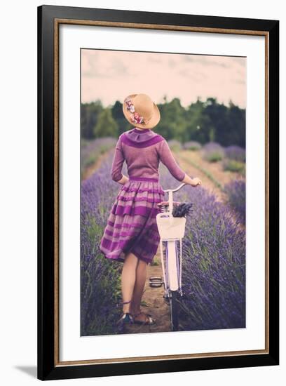 Woman in Purple Dress and Hat with Retro Bicycle in Lavender Field-NejroN Photo-Framed Premium Giclee Print