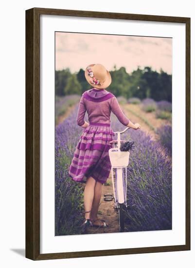 Woman in Purple Dress and Hat with Retro Bicycle in Lavender Field-NejroN Photo-Framed Premium Giclee Print