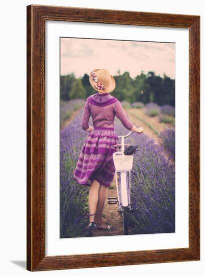 Woman in Purple Dress and Hat with Retro Bicycle in Lavender Field-NejroN Photo-Framed Premium Giclee Print