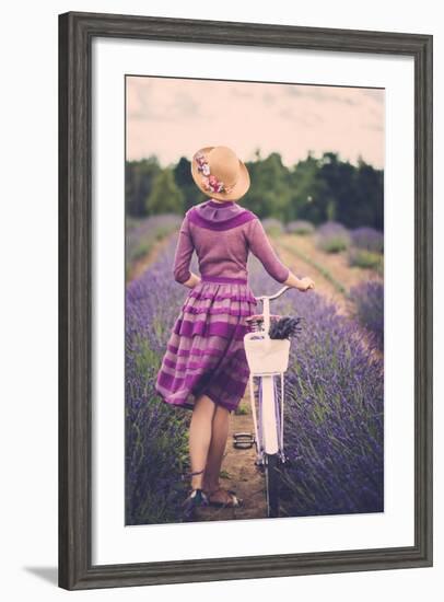 Woman in Purple Dress and Hat with Retro Bicycle in Lavender Field-NejroN Photo-Framed Art Print