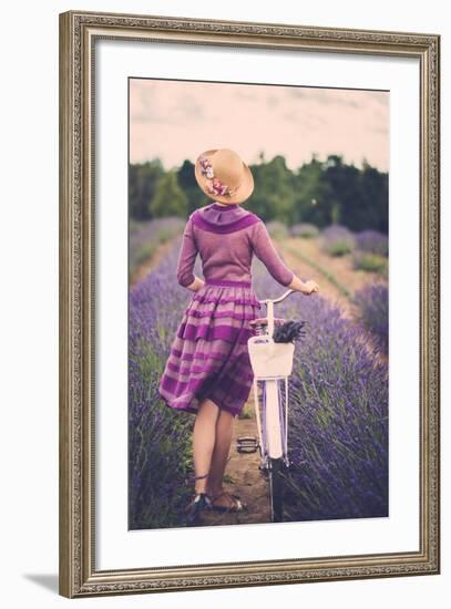 Woman in Purple Dress and Hat with Retro Bicycle in Lavender Field-NejroN Photo-Framed Art Print