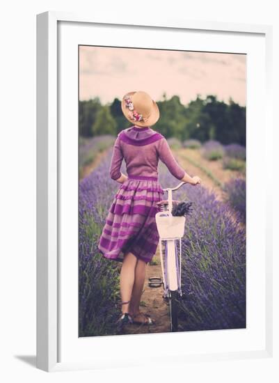 Woman in Purple Dress and Hat with Retro Bicycle in Lavender Field-NejroN Photo-Framed Art Print