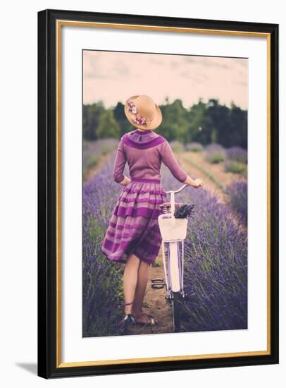 Woman in Purple Dress and Hat with Retro Bicycle in Lavender Field-NejroN Photo-Framed Art Print