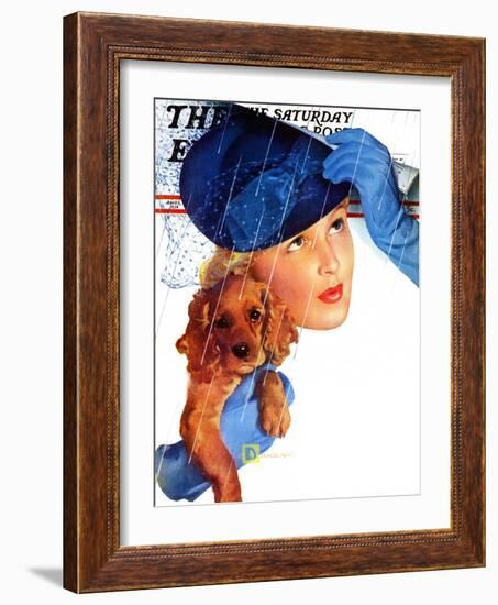 "Woman in Rain with Cocker," Saturday Evening Post Cover, April 8, 1939-Douglas Crockwell-Framed Giclee Print