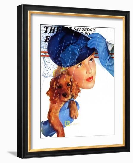 "Woman in Rain with Cocker," Saturday Evening Post Cover, April 8, 1939-Douglas Crockwell-Framed Giclee Print