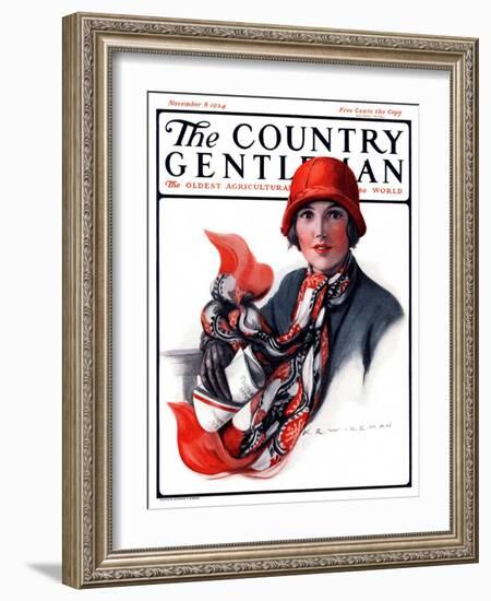 "Woman in Red Cloche and Scarf," Country Gentleman Cover, November 8, 1924-Katherine R. Wireman-Framed Giclee Print