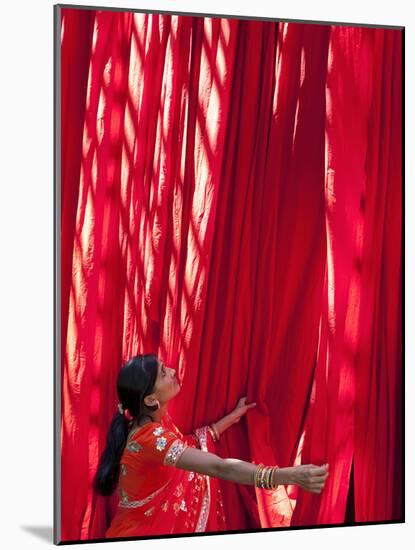 Woman in Sari Checking the Quality of Freshly Dyed Fabric Hanging to Dry, Sari Garment Factory, Raj-Gavin Hellier-Mounted Photographic Print