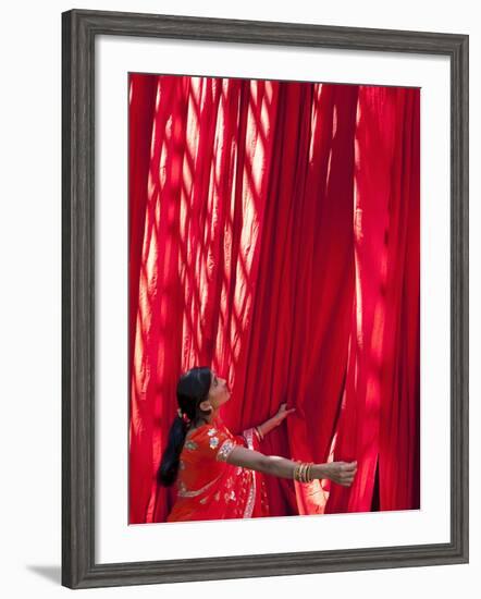 Woman in Sari Checking the Quality of Freshly Dyed Fabric Hanging to Dry, Sari Garment Factory, Raj-Gavin Hellier-Framed Photographic Print